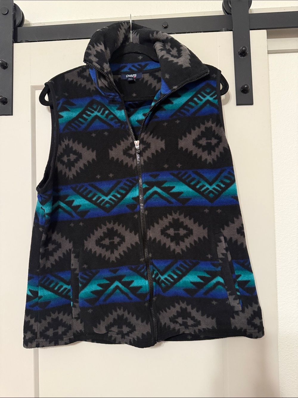 Chaps Aztec-Style Fleece Vest in Black, Teal & Blue